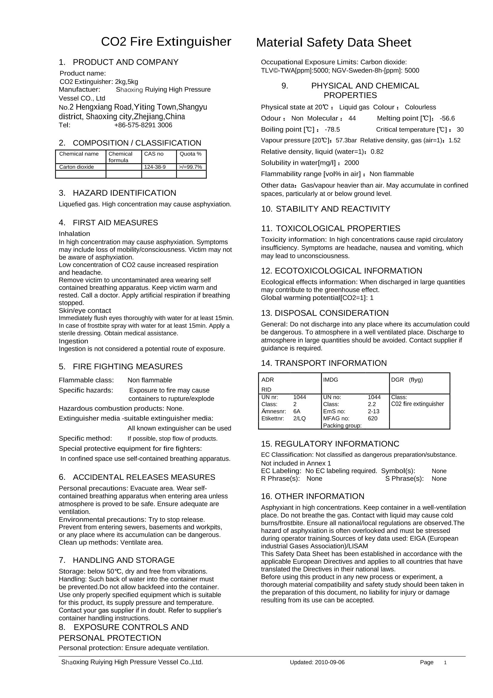 2 كجم و 5 كجم - Ruiying طفاية ثاني أكسيد الكربون MSDS-2 كجم ، 5 كجم